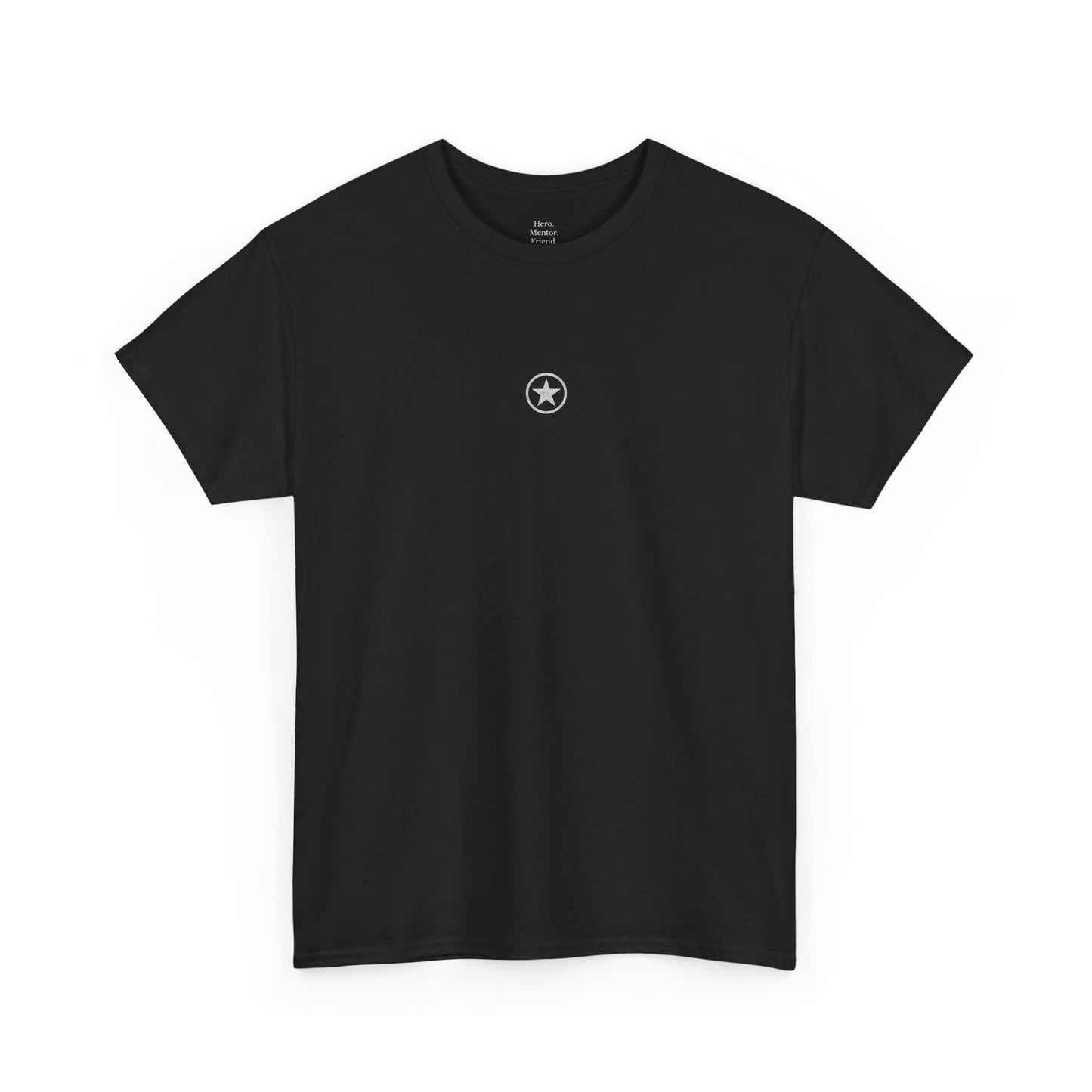 Minimalist black men’s T-shirt with distressed white star design, symbolising strength and courage, part of Subtletee’s Hero Mentor Friend gift range.
