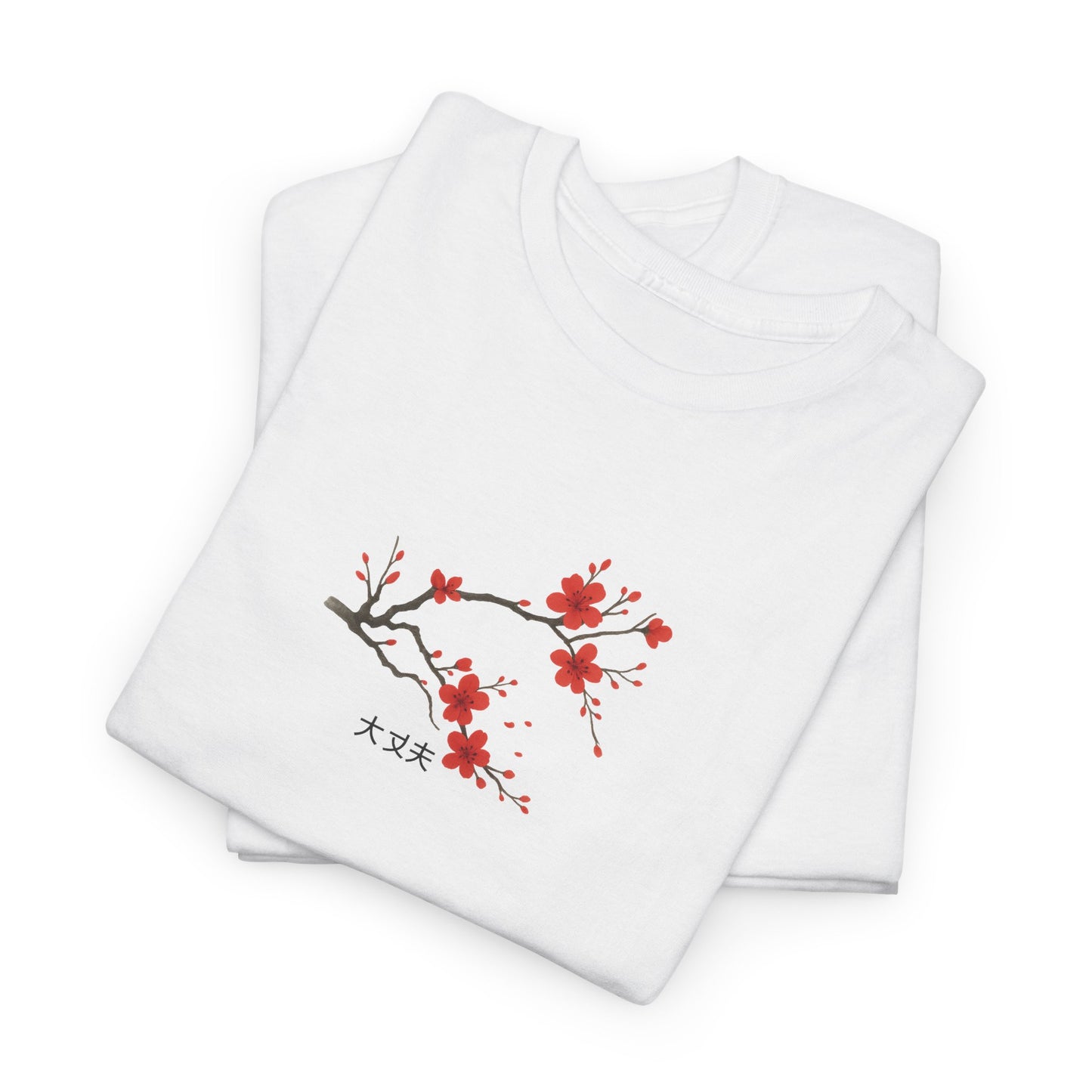 Red cherry sakura blossom minimalist T-shirt folded showing Japanese All is well mantra