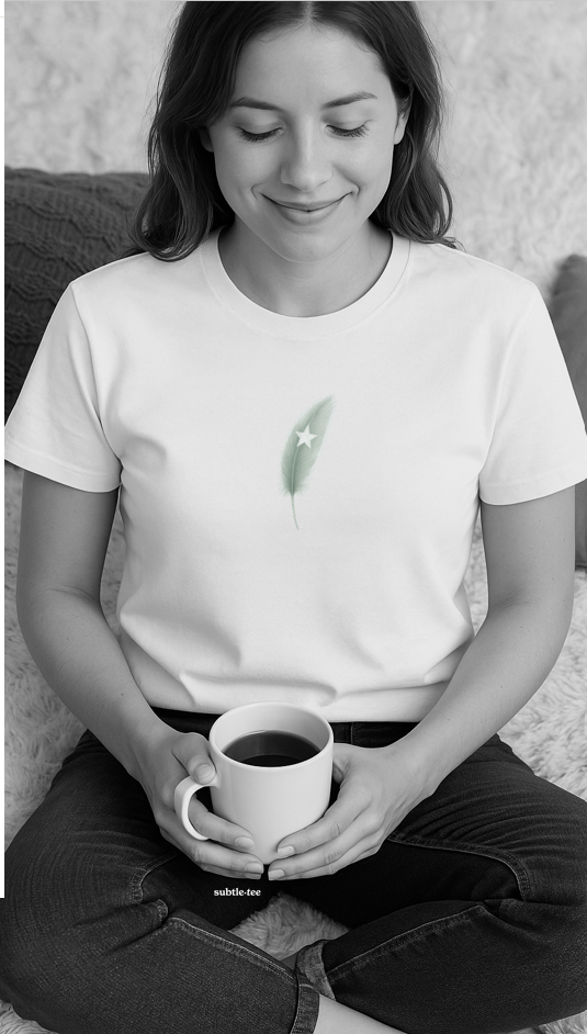 A Minimalist Sage Green Feather Tee | Lucky Symbol, Guidance, Hidden Mantra | Good Luck Gift