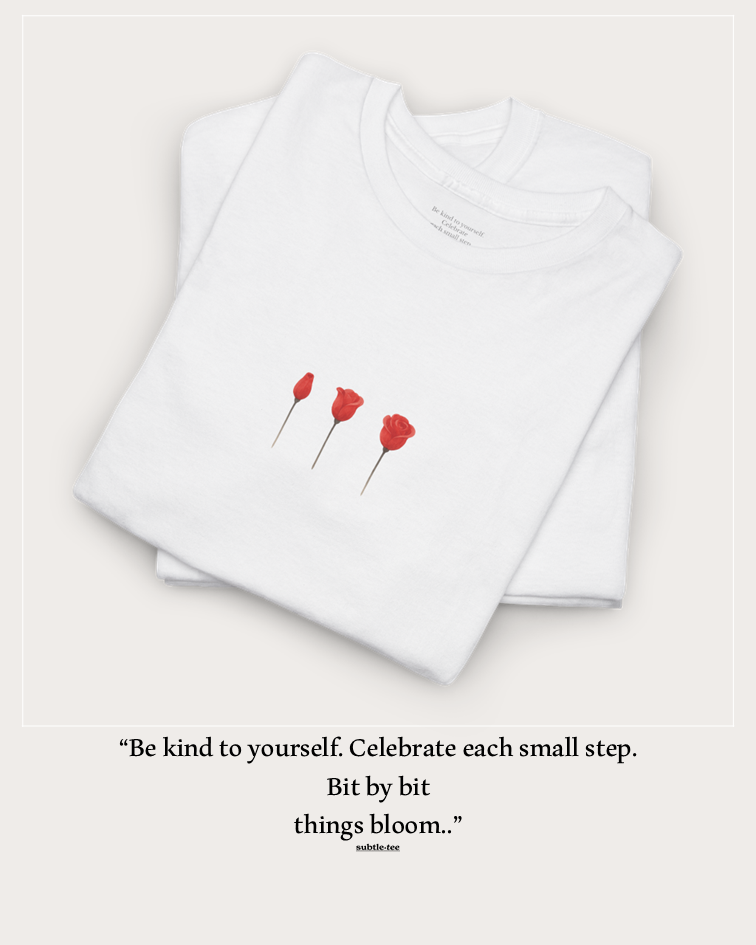 Minimalist Joie de Vivre t-shirt with subtle red heart design, styled with a soft white tulle tutu like skirt - part of the Meaningful Minimalism collection.