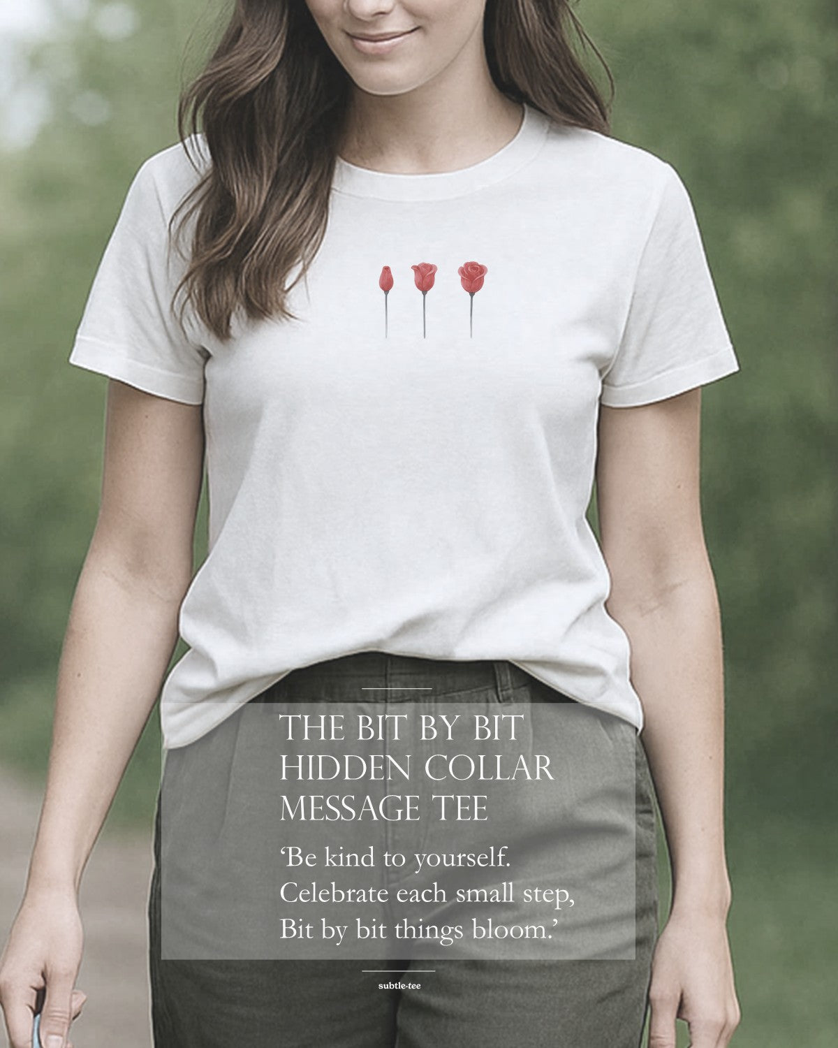 Minimalist Joie de Vivre t-shirt with subtle red heart design, styled with a soft white tulle tutu like skirt - part of the Meaningful Minimalism collection.