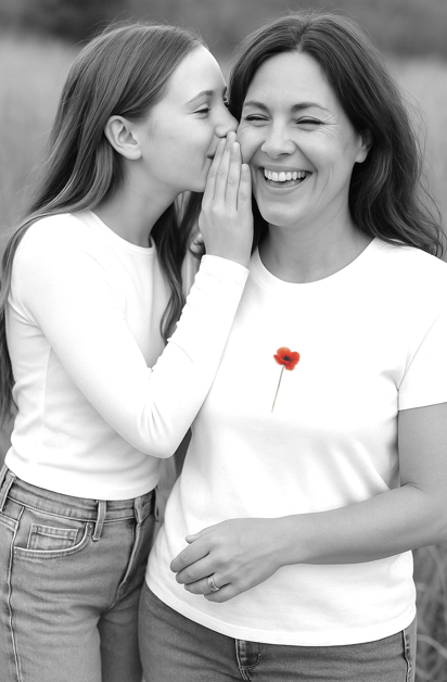 Mother and daughter wearing minimalist poppy birth flower t-shirts with hidden collar messages, photographed in natural light.