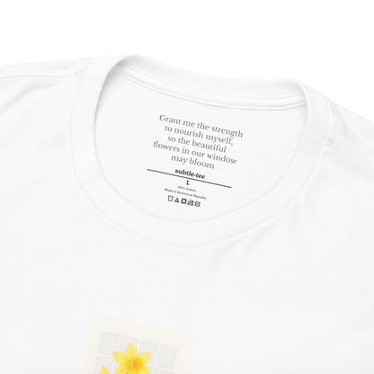 Flowers in the Window | March Daffodil New Mum Tee | Thoughtful Self-Care Gift T-Shirt