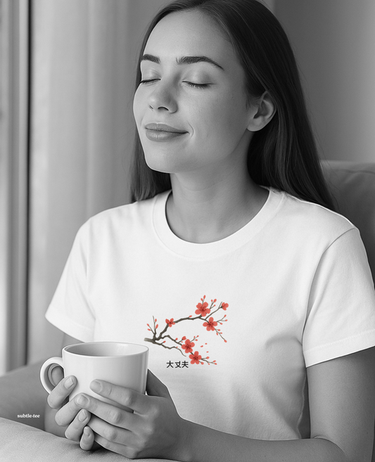 Woman wearing red cherry blossom minimalist T-shirt with Japanese text 大丈夫 meaning All is well
