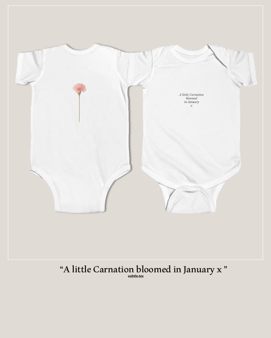 Flowers in the Window | January Carnation Birth Flower Baby Grow | Matching New Baby Gift