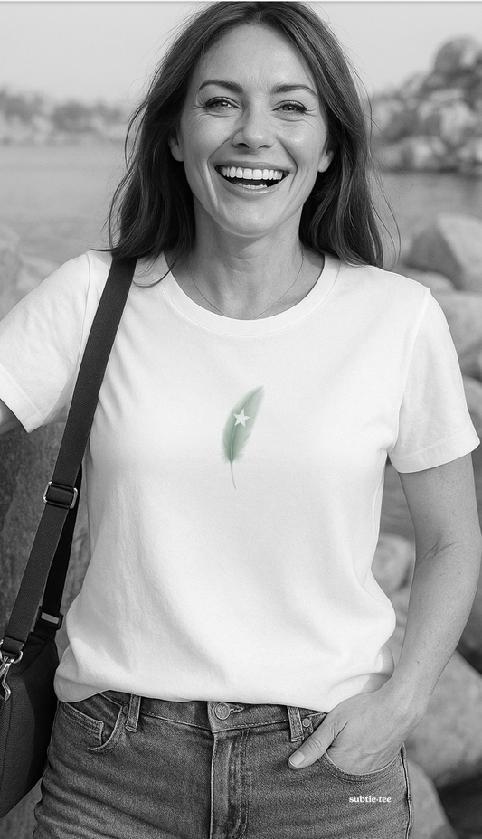 A Minimalist Sage Green Feather Tee | Lucky Symbol, Guidance, Hidden Mantra | Good Luck Gift