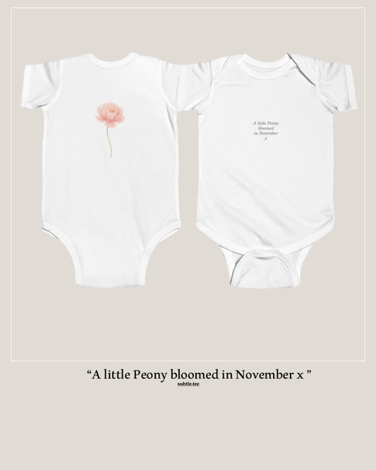 Flowers in the Window | November Peony Birth Flower Baby Grow | Matching New Baby Gift