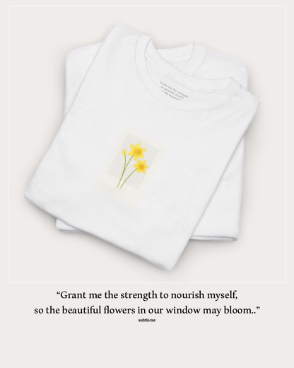 Flowers in the Window | March Daffodil New Mum Tee | Thoughtful Self-Care Gift T-Shirt